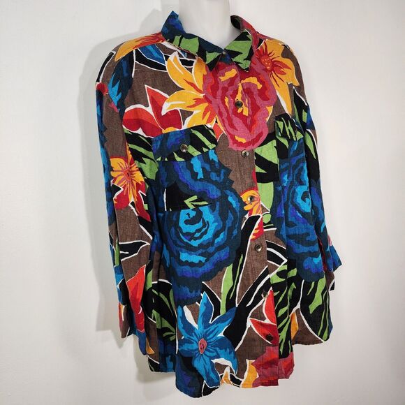 Chicos Top Size 0 Small Multicolor Floral 100% Linen Button Pockets 3/4 Sleeve - Picture 4 of 9